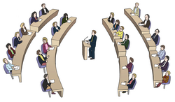 Symbolbild von Politikern im Landtag. Bildnachweis: © Lebenshilfe für Menschen mit Behinderung Bremen e.V., Illustrator Stefan Albers, Atelier Fleetinsel Symbolbild von Politikern im Landtag